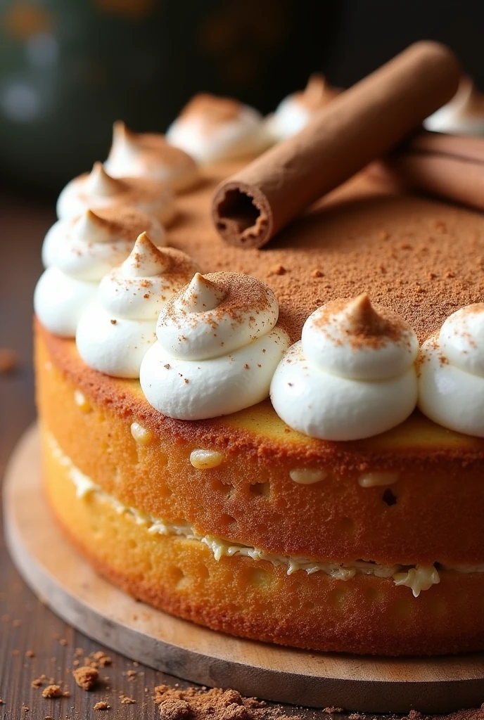 banoffe cake , cinnamon bark ,round ,circular ,whipped cream ,full picture ,best angle , cinnamon wood
