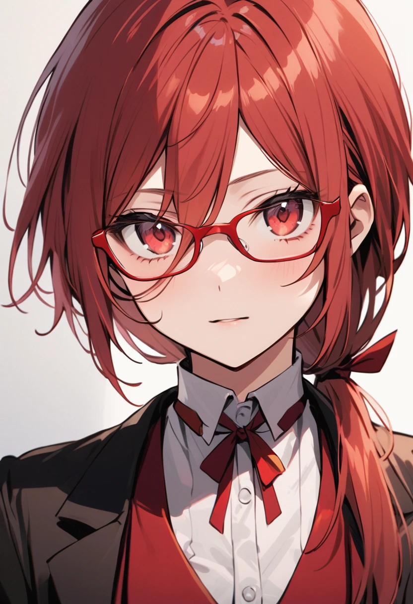 Androgynous young adult with long red hair, 1.80 cm tall, tied in a low ponytail with a red bow, thin, crimson eyes and light complexion. Wear refined crimson red frame glasses. His clothing consisted of a simple suit in brown tones., proving that he works as a butler.