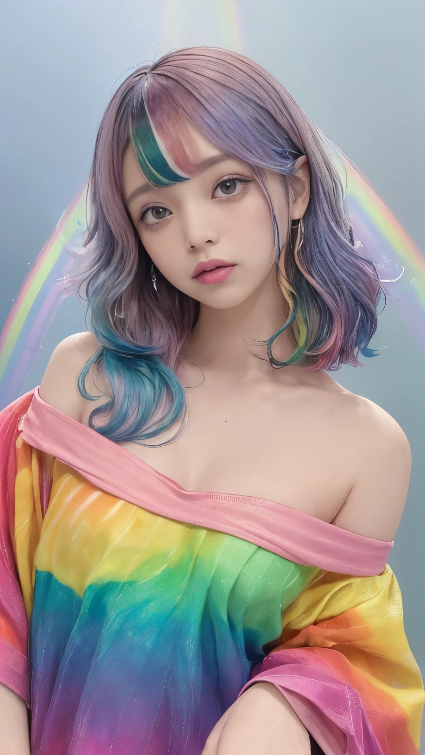 (Pink Fashion T-Shirt:1.9)、(colorfulな髪:1.8)、(All the colors of the rainbow:1.8)、((((Portrait:1.6)))、(Picturesque:1.6)、frontage、Big eyes、Clear eyes、(虹色のGradationハイポニーテール:1.7)、Exquisite makeup、Mouth closed、(Small fresh:1.5)、(Wipe the chest:1.6)、Long-term、A man wearing a white off-the-shoulder T-shirt with tears in his eyes、(Rainbow Hair:1.6)、An explosion of colors, Messy Lines, ((Shine)), (colorful), Chic paint style, (Splashes of color), Portrait, Browsing Caution、 Paint splashes, Acrylic Pigments, Gradation, Depth of written boundary, facepaint, colorfulな服, (elegant: 1.2), nice,Hair length, Wind, (elegant: 1.3), (petal:1.4)、(((masterpiece)))、(((Highest quality)))、((Ultra-detailed))、(Dynamic Angle)、((plankton))、(paint)、((Disheveled Hair))、(solo)、((Beautifully detailed face))、Shoulder pain、Gray Hair、((colorfulな髪))、(((Striped Hair))、Beautiful and fine details、(Gradationカラーの目)、((Clatter toes))、(colorfulな背景))))、((((High saturation))))、(((colorfulな水しぶきに囲まれた)))