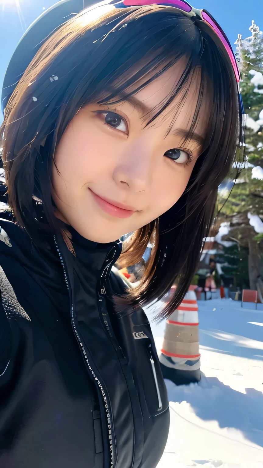 (Highest quality,masterpiece:1.3,Ultra-high resolution),(Very detailed,Caustics,16K),(Realistic:1.4,RAW shooting),Ultra-Realistic Capture,Human skin close-up,Natural skin texture,The pores are detailed enough to be easily identified,Healthy Skin and Even Tone,Use natural light and colour,18-year-old,Japanese,cute,Ski wear,Long black hair,I'm looking at the camera with a smile on my face,Big Breasts,Waist up shot,(Face Focus:1.2),(Face close-up:1.2),(Low position:1.3),(Low Angle:1.3),(Ski Resorts),sun,Lens flare,blue sky,