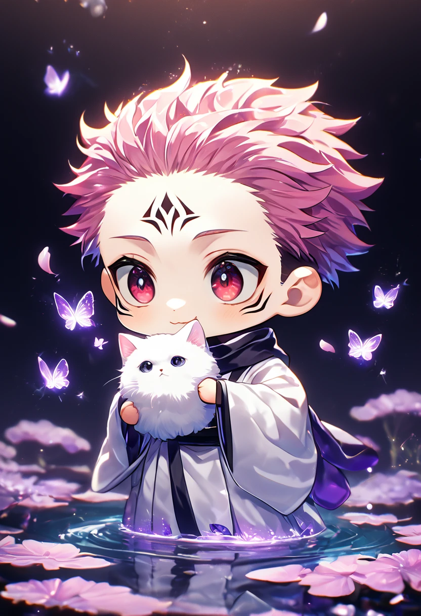 Ultra detailed, HDR, Highres, absurdres, master piece, Ryoumen Sukuna chibi, pink hair, expressive red eyes, white kimono, Jujutsu Kaisen, cute, adorable, holding a white fluffy cat, purple flowers, petals, fantasy, magical, purple leaves, best quality, glittering, water, purple shining fireflies, solo, small purple butterflies,