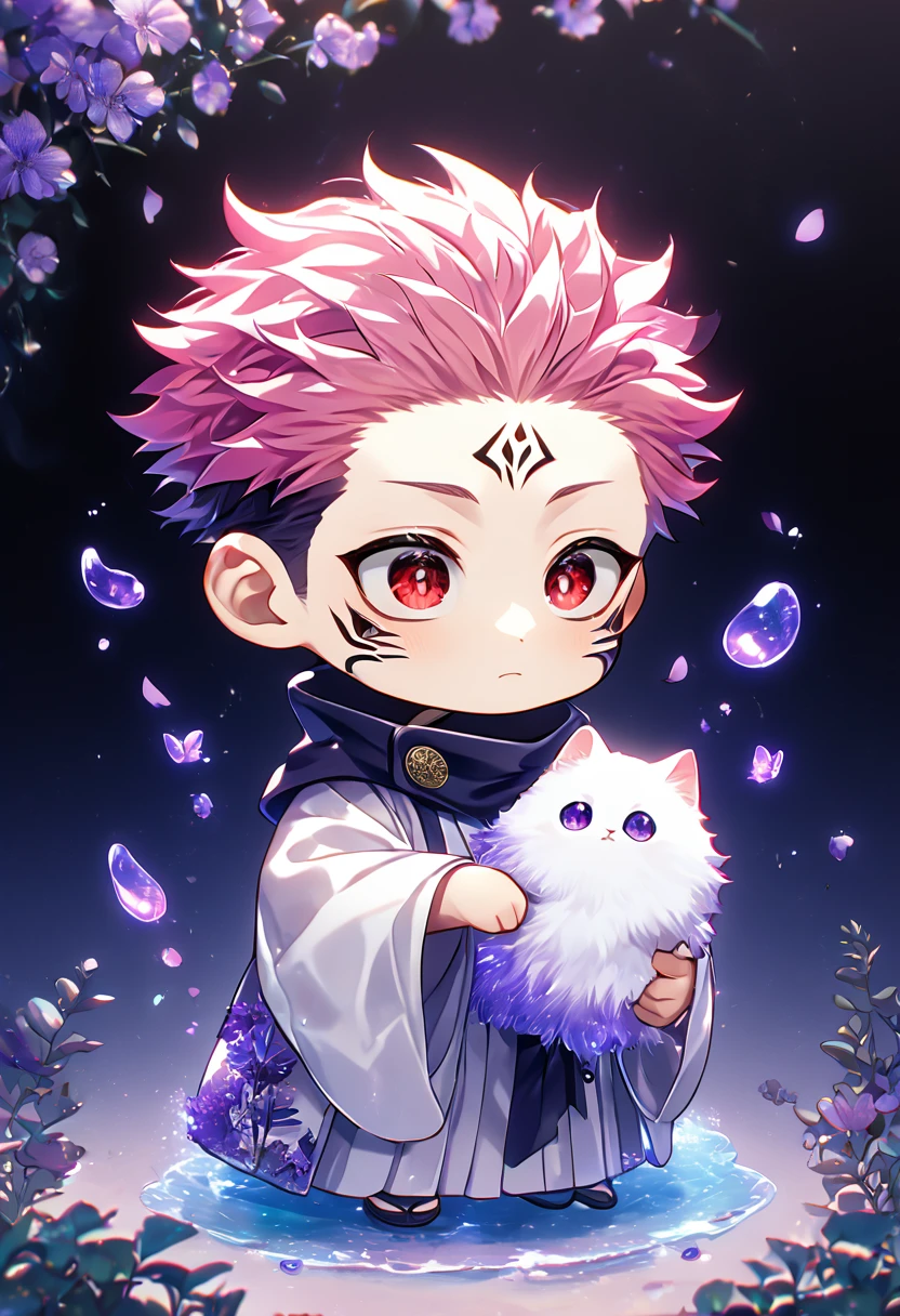 Ultra detailed, HDR, Highres, absurdres, master piece, Ryoumen Sukuna chibi, pink hair, expressive red eyes, white kimono, Jujutsu Kaisen, cute, adorable, holding a white fluffy cat, purple flowers, petals, fantasy, magical, purple leaves, best quality, glittering, water, purple shining fireflies, solo, small purple butterflies,