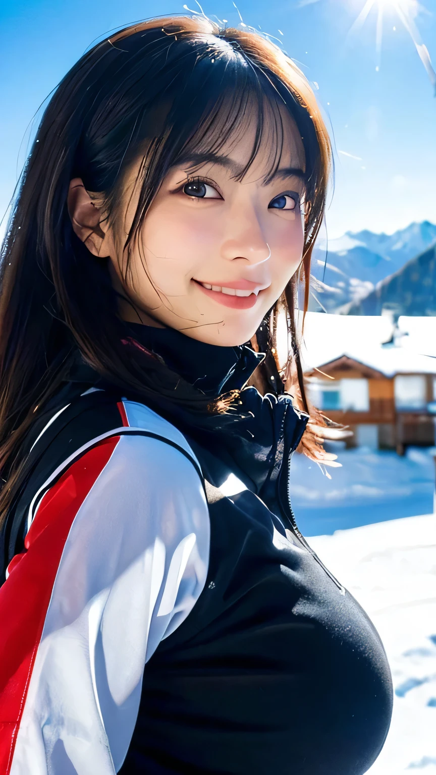 (Highest quality,masterpiece:1.3,Ultra-high resolution),(Very detailed,Caustics,16K),(Realistic:1.4,RAW shooting),Ultra-Realistic Capture,Human skin close-up,Natural skin texture,The pores are detailed enough to be easily identified,Healthy Skin and Even Tone,Use natural light and colour,18-year-old,Japanese,cute,Ski wear,Long black hair,I'm looking at the camera with a smile on my face,Big Breasts,Waist up shot,(Face Focus:1.2),(Face close-up:1.2),(Low position:1.3),(Low Angle:1.3),(Ski Resorts),sun,Lens flare,blue sky,