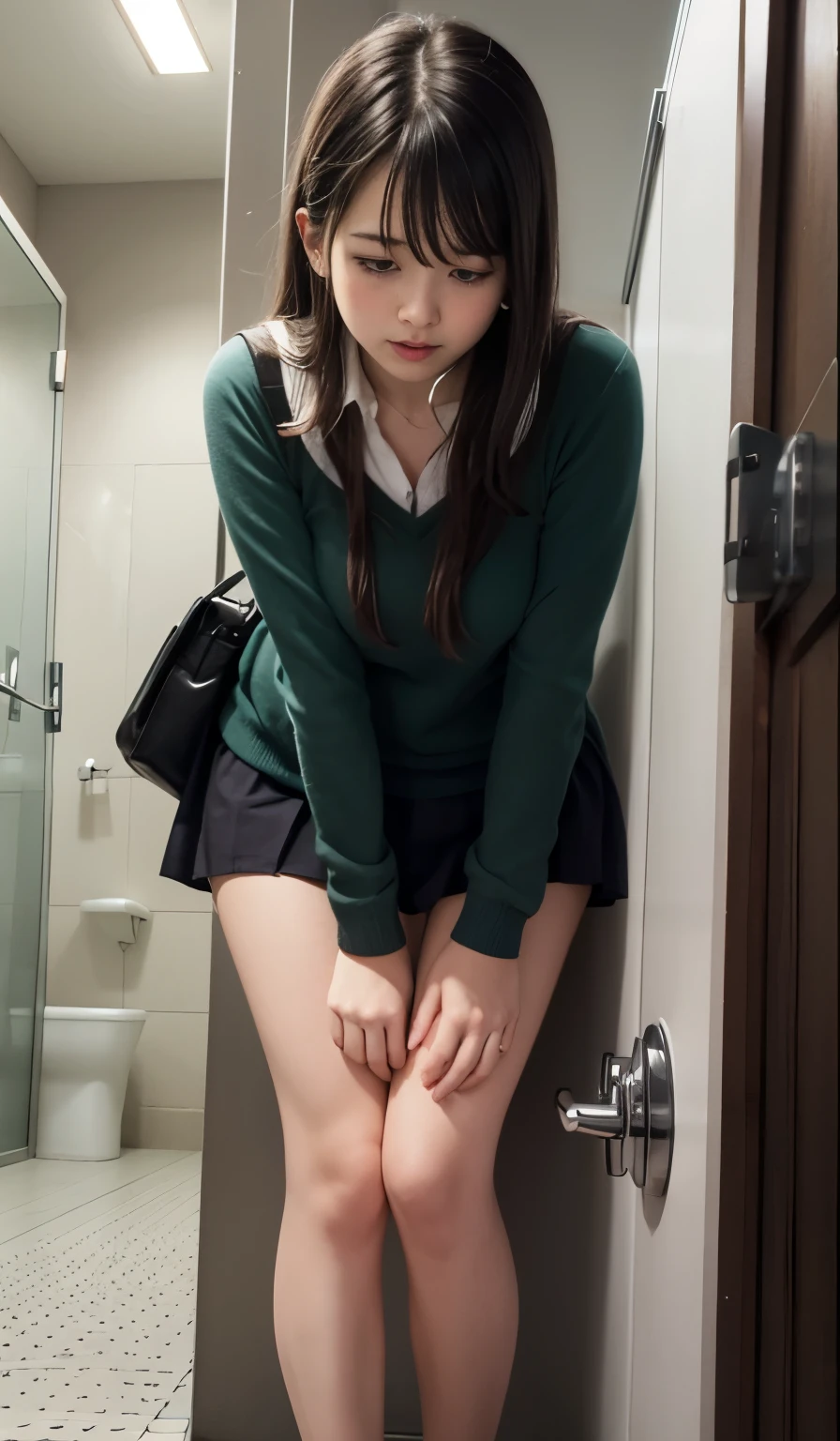 1 girl is taking to lavatory, looking away, standing, Green eyes, embarrassed, blush, Keep one's mouth shut, street (girl is peeing self:0.4)