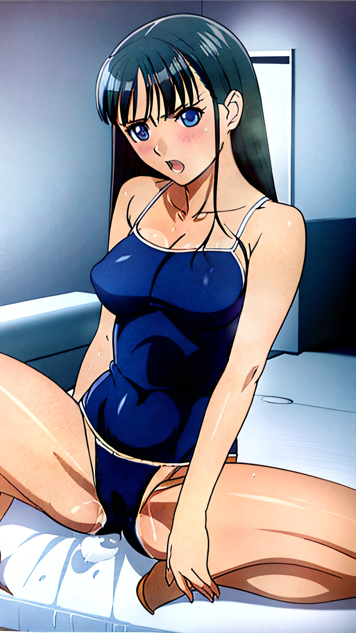 Masterpiece,Erotic and beautifully detailed drawings,1Girl,Mizushima Morning,Blue Eyes,Black Hair,Embarrassed expression,blush,Open your mouth,sit,Spread your legs,Peeing in a school swimsuit,bedroom