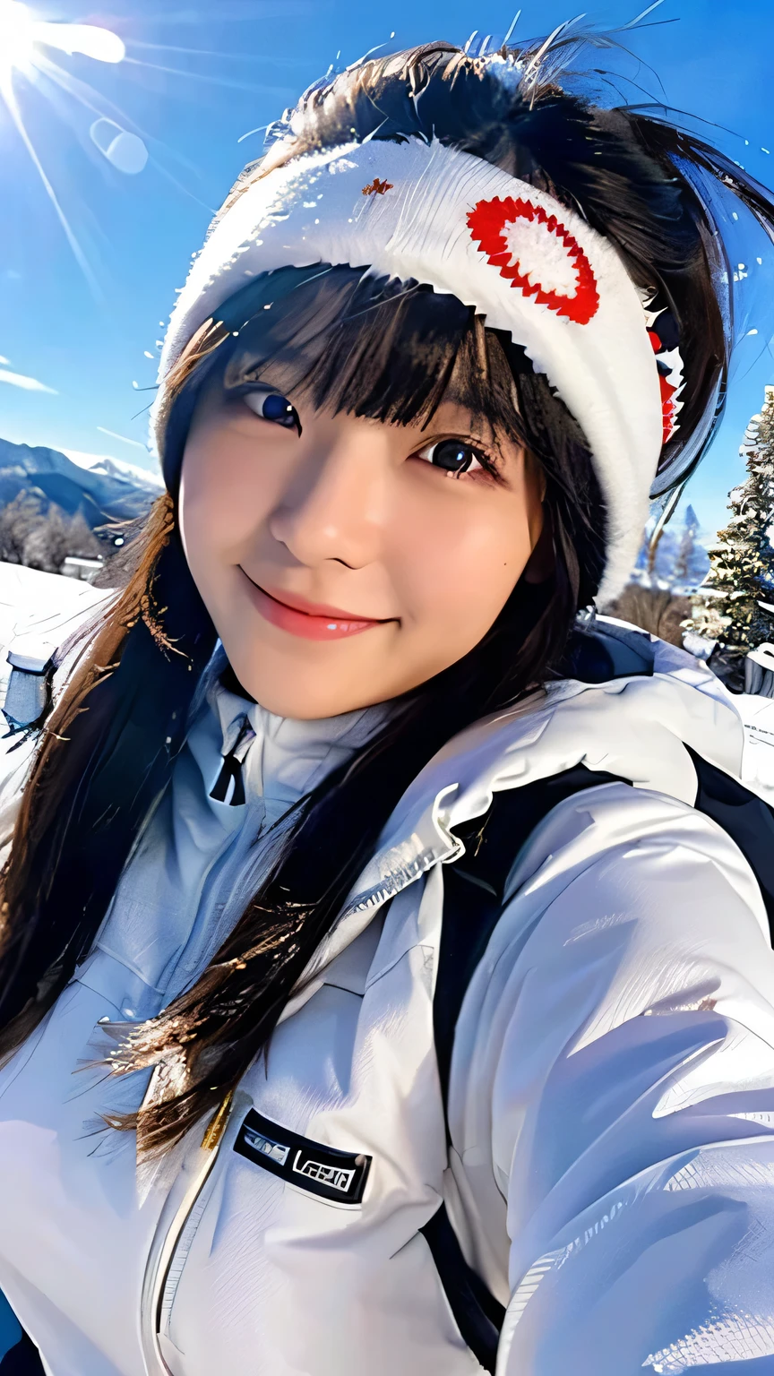 (Highest quality,masterpiece:1.3,Ultra-high resolution),(Very detailed,Caustics,16K),(Realistic:1.4,RAW shooting),Ultra-Realistic Capture,Human skin close-up,Natural skin texture,The pores are detailed enough to be easily identified,Healthy Skin and Even Tone,Use natural light and colour,18-year-old,Japanese,cute,Ski wear,Long black hair,I'm looking at the camera with a smile on my face,,Waist up shot,(Face Focus:1.2),(Face close-up:1.2),(Low position:1.3),(Low Angle:1.3),(Ski Resorts),sun,Lens flare,blue sky,