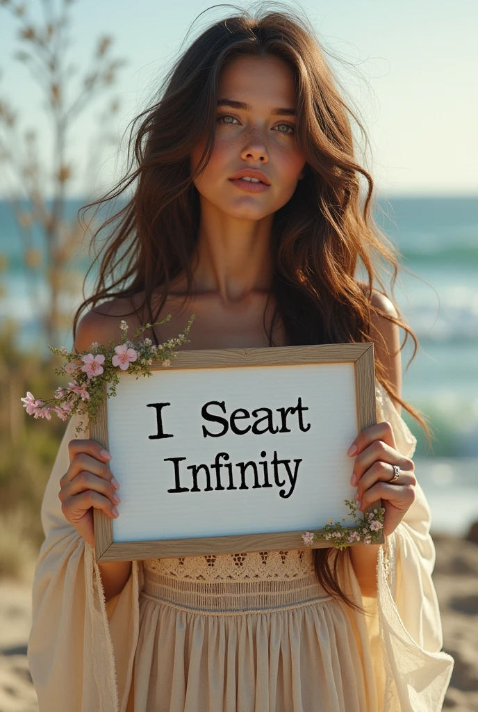 Beautiful girl with wavy long hair, bohemian dress, holding a white board with text "I Love Seaart Infinity" and showing it to the viewer