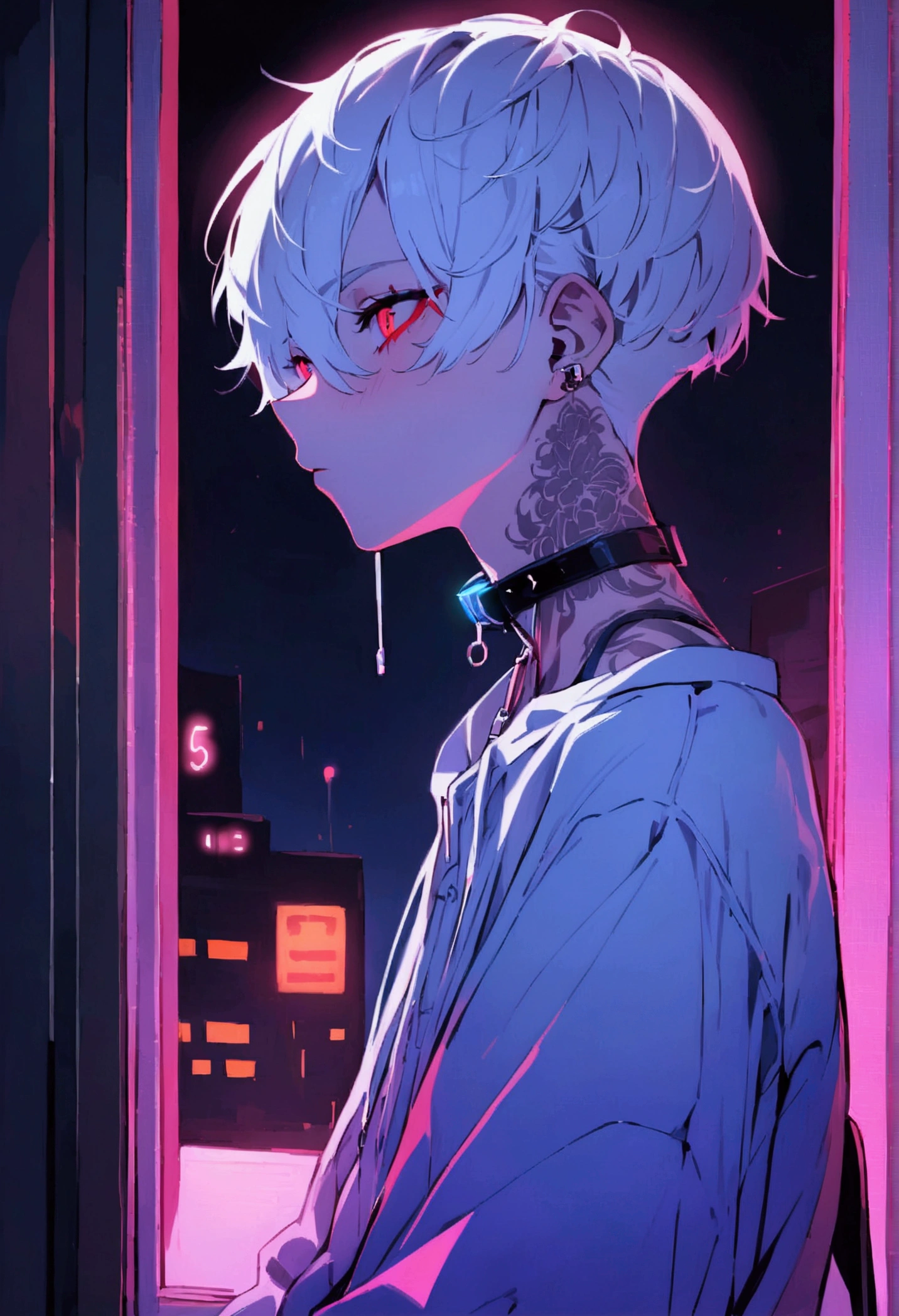 ((Masterpiece)), 1boy with white hair, red eyes, , cyberpunk, Tatoo in his neck, neon light, in night club