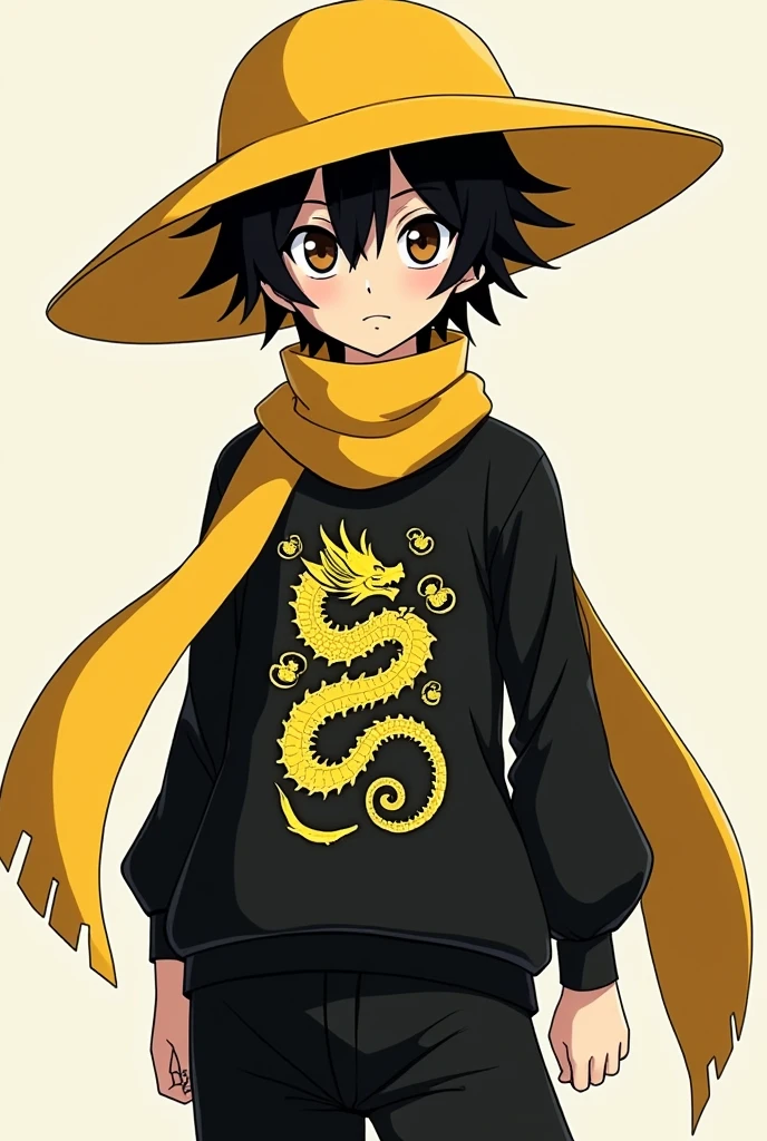 create an image of a faceless boy wearing a yellow hat ,black a shirt with a picture of a dragon black pants and a katakuri scarf 