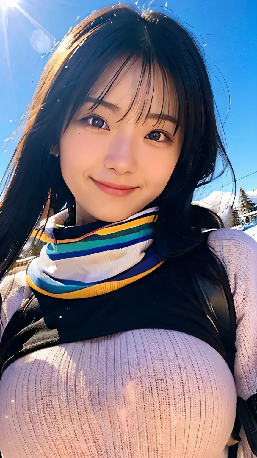 (Highest quality,masterpiece:1.3,Ultra-high resolution),(Very detailed,Caustics,16K),(Realistic:1.4,RAW shooting),Ultra-Realistic Capture,Human skin close-up,Natural skin texture,The pores are detailed enough to be easily identified,Healthy Skin and Even Tone,Use natural light and colour,18-year-old,Japanese,cute,Ski wear,Long black hair,I'm looking at the camera with a smile on my face,Big Breasts,Waist up shot,(Face Focus:1.2),(Face close-up:1.2),(Low position:1.3),(Low Angle:1.3),(Ski Resorts),sun,Lens flare,blue sky,