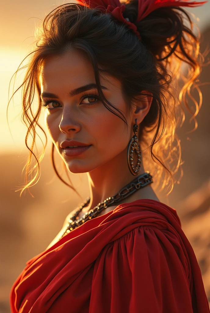 A confident and bold woman with a vibrant and energetic aura, wearing a red accessory that highlights her strong personality. Aries zodiac symbol subtly in the background, with a dynamic, adventurous setting.
