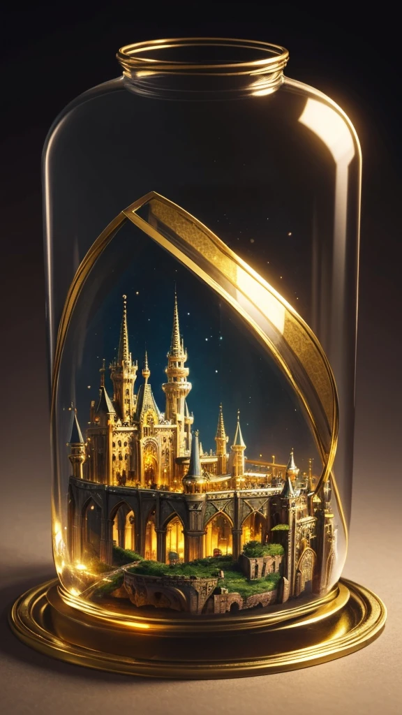 a glass jar with a girl inside of it, beautiful render of a fairytale, golden miniatures, fantasy cityscape, enchanted dreams, beautiful art