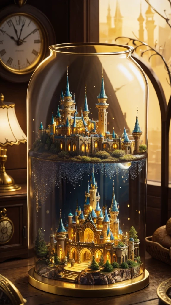 a glass jar with a girl inside of it, beautiful render of a fairytale, golden miniatures, fantasy cityscape, enchanted dreams, beautiful art