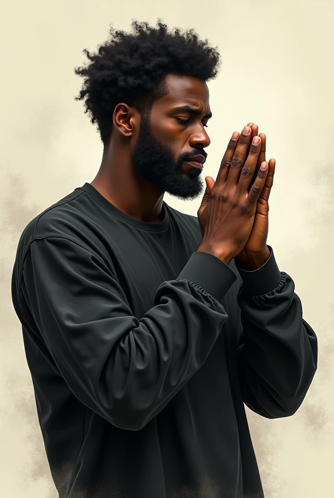 Black man from the front, short curly hair, wearing black clothes, no beard and with his head down., jaded, making a prayer gesture with just your hand, maturemalemix drawing style