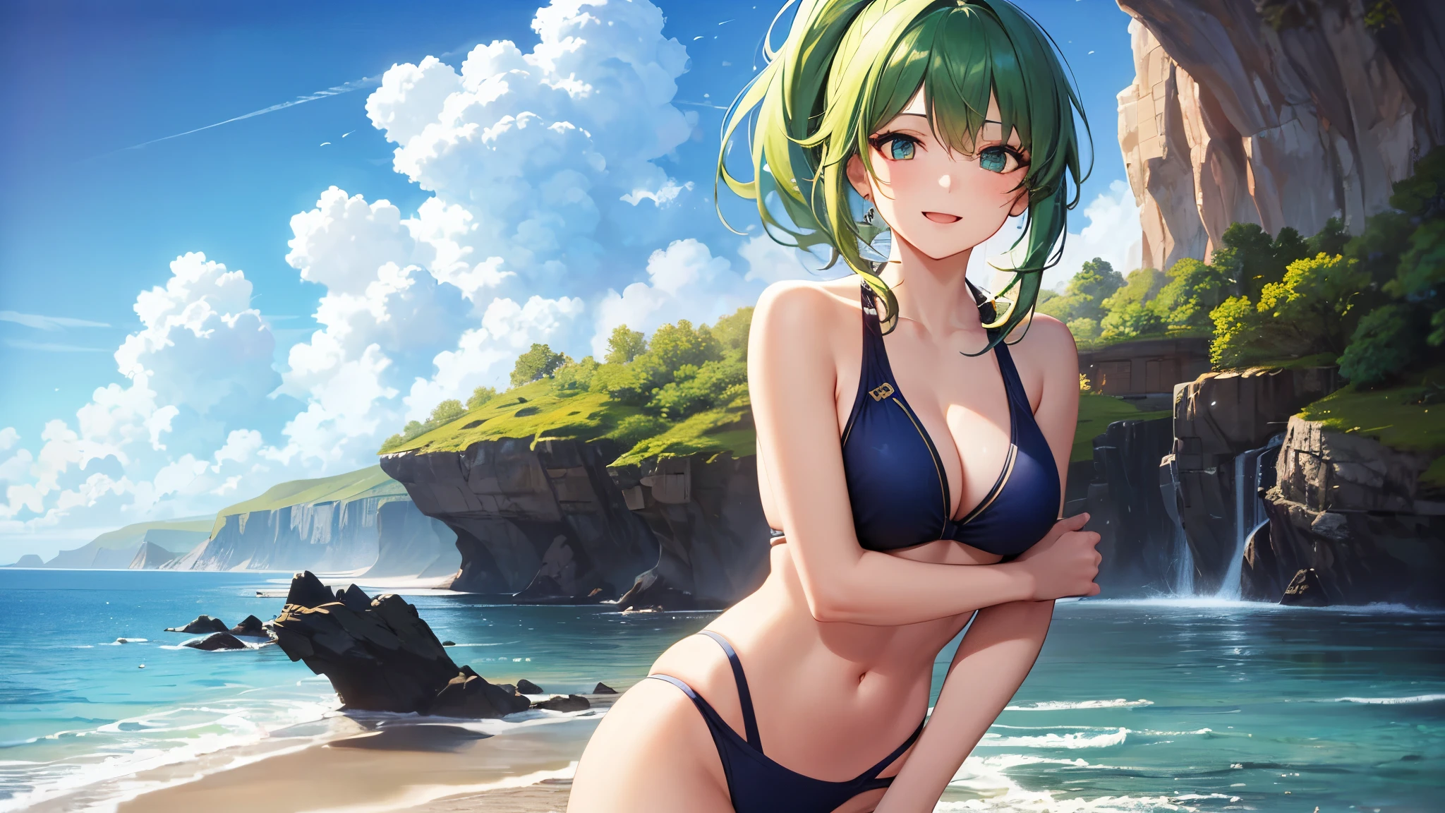 Highest quality, 8k, 4K, High resolution, High Contrast,1girl,only,Beautiful green hair, ponytail,(Beautifully detailed face), Green clear eyes, beautiful eyes, Happy expression, Moderate bust, Healthy Body, Swimwear, ２０generation, Seaside, Precise and beautiful scenery