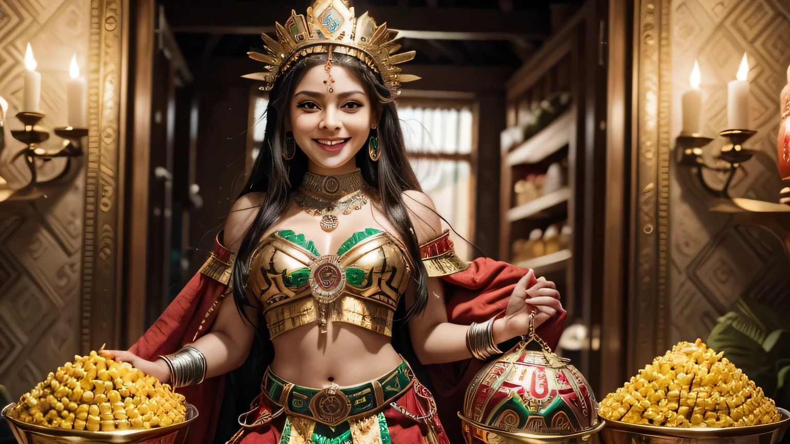 An Aztec princess figurine in Aztec warrior attire, wearing emerald and ruby ​​jewelry, cute, smiling, highly detailed, polished, 40k gold and silver. in front of a basket full of corn kernels and eating  tacos.