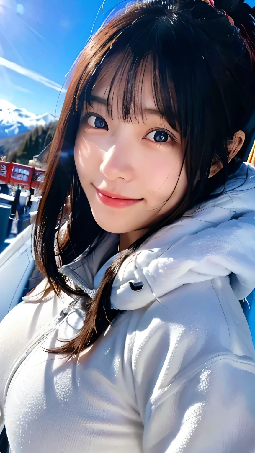 (Highest quality,masterpiece:1.3,Ultra-high resolution),(Very detailed,Caustics,16K),(Realistic:1.4,RAW shooting),Ultra-Realistic Capture,Human skin close-up,Natural skin texture,The pores are detailed enough to be easily identified,Healthy Skin and Even Tone,Use natural light and colour,18-year-old,Japanese,cute,Ski wear,Long black hair,I'm looking at the camera with a smile on my face,Big Breasts,Waist up shot,(Face Focus:1.2),(Face close-up:1.2),(Low position:1.3),(Low Angle:1.3),(Ski Resorts),sun,Lens flare,blue sky,