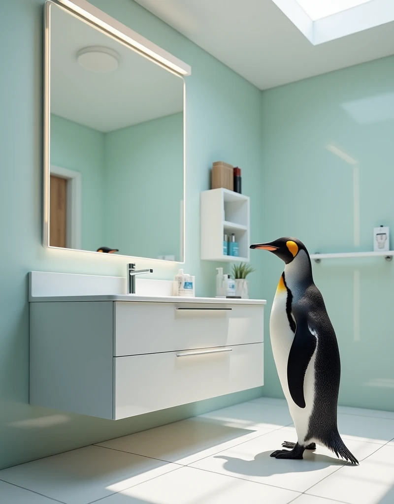 Super realistic photographic image of a penguin standing in a clean, modern bathroom. The penguin is looking at his reflection in a large mirror above the vanity. The bathroom is brightly lit and furnished with standard fixtures, including a vanity, a small shelf, and neatly arranged toiletries. The penguin's figure is perfectly clear and sharp, and the precise colors and lighting create a natural, everyday atmosphere. The scene captures the penguin's curiosity and introspection as he gazes upon his reflection. The penguin in the mirror is trying to step out of the mirror a little.