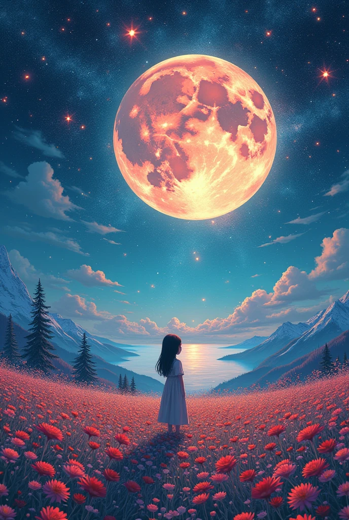 Top quality、On the table、1 Woman、Solitary、(Abstract Art:1.4),(Psychedelic Theme:1.6),(Gunjo world:1.5),(Ice World:1.5),(winter world:1.5),(The center of the world is the most beautiful woman in the world),(Many stars are falling:1.3),A expansive landscape photograph , (The view from below,Above is the sky,There is an open field below), girl standing in the flower field looking up, (Full Moon:1.2), ( meteor:0.9), (nebula:1.3), distant Mountain, Tree BREAK Production Art, (Warm light source:1.2), (firefly:1.2), lamp, Lots of purple and orange, Intricate details, Volumetric LightingBREAK (masterpiece:1.2), (best quality), 4K, Extremely detailed, (Dynamic Synthesis:1.4), Very detailed, Colorful Detailed,( Rainbow Colors:1.2), (Luminous lighting, Atmospheric lighting), Dreamy, magic, (Solitary:1.2)(Nostalgic landscapes:1.5),(Colorful flowers:1.3),Garden Girl,gentlesunlight,breeze,Delicate Flowers,Rainbow Colors的Butterfly扇动翅膀,Mesmerizing natural beauty,Brilliant Star Fragments,ice crystals,Mountain间小道, For trees, björk, Children playing, Flowers, Butterfly, Bird, landscape, Birds chirp, Sunlight through the trees, breeze, Lush green leaves, Sparkling water reflections, vibrant wildFlowers, Laughter, Carefree children's expressions, Dynamic brushstrokes, Mountain, Harmonious composition.