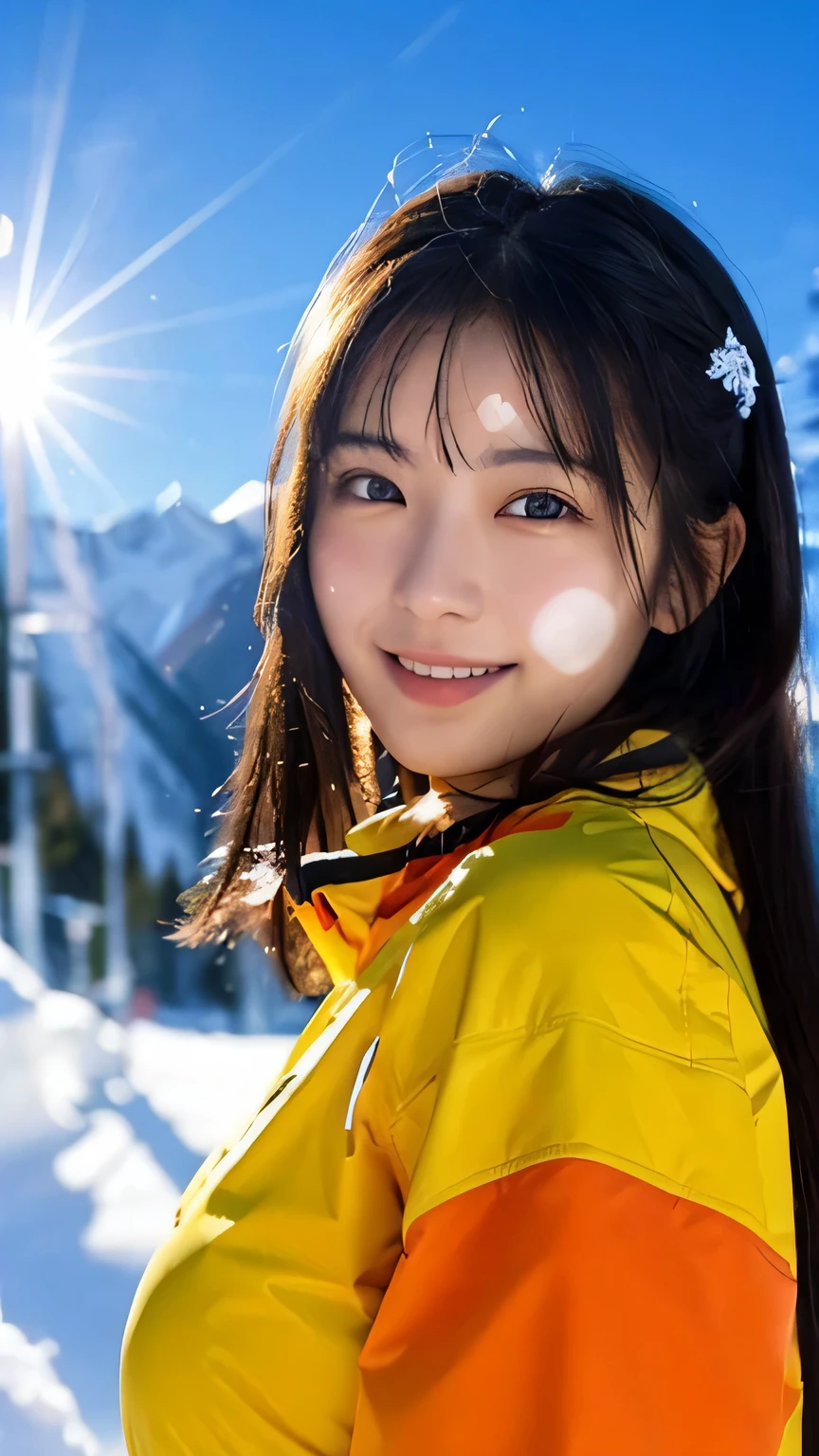 (Highest quality,masterpiece:1.3,Ultra-high resolution),(Very detailed,Caustics,16K),(Realistic:1.4,RAW shooting),Ultra-Realistic Capture,Human skin close-up,Natural skin texture,The pores are detailed enough to be easily identified,Healthy Skin and Even Tone,Use natural light and colour,18-year-old,Japanese,cute,Ski wear,Long black hair,I'm looking at the camera with a smile on my face,Big Breasts,Waist up shot,(Face Focus:1.2),(Face close-up:1.2),(Low position:1.3),(Low Angle:1.3),(Ski Resorts),sun,Lens flare,blue sky,