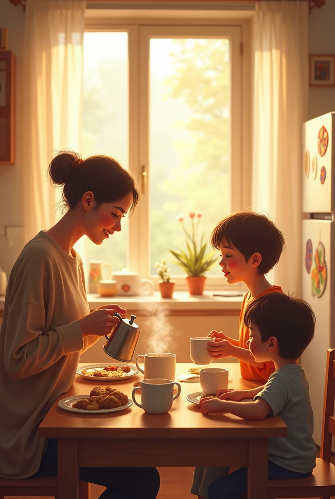 A family enjoying breakfast together. Perhaps a parent is pouring coffee while the kids are eating at the table, with sunlight streaming through the windows.