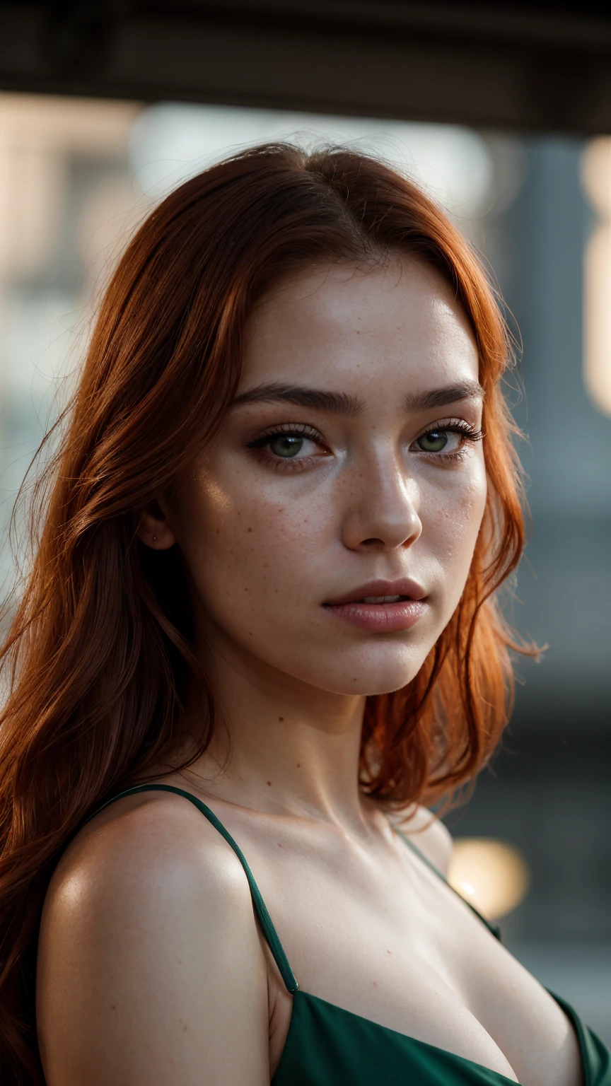a woman with red hair and green leaves, hyper-realistic skin, shiny/glossy, modern jewelry, gongbi, portraiture, dark teal and light gold, tropical landscapes, Face portrait photo oF a 21-year-old German woman, .raw, beautiFul woman, half strawberry lips, Fossettes, nostalgic look, green eyes, great student, Large eyelashes, (Brown extra long wavy hair), ((detailed Face)), ((detailed Facial Features)), (Finely detailed skin), red skin, (Deep neckline detailing high-tech cyberpunk dress), Cyberpunk Cyberpunk big city environment, (cold colors), moist, moist, reFlections, (masterpiece) (height ratio / perfect width) (photo realist) (best quality) (detailed) Shot with Canon EOS R5, ObjectiF 50mm, F/2.8, human development report, (8k) (wallpaper) (light) (Dramatic Light) (sharp focus) (complicated)