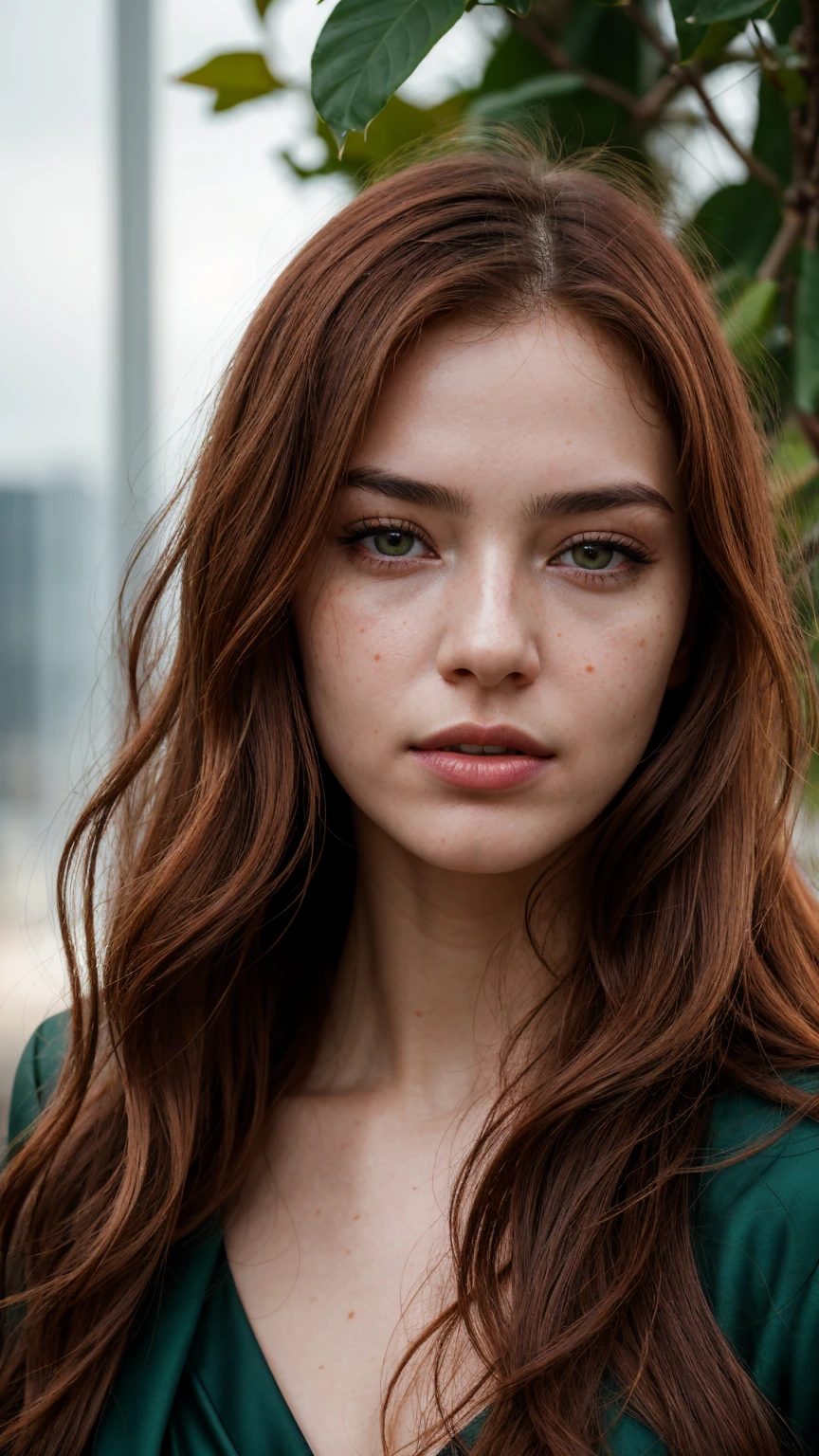 a woman with red hair and green leaves, hyper-realistic skin, shiny/glossy, modern jewelry, gongbi, portraiture, dark teal and light gold, tropical landscapes, Face portrait photo oF a 21-year-old German woman, .raw, beautiFul woman, half strawberry lips, Fossettes, nostalgic look, green eyes, great student, Large eyelashes, (Brown extra long wavy hair), ((detailed Face)), ((detailed Facial Features)), (Finely detailed skin), red skin, (Deep neckline detailing high-tech cyberpunk dress), Cyberpunk Cyberpunk big city environment, (cold colors), moist, moist, reFlections, (masterpiece) (height ratio / perfect width) (photo realist) (best quality) (detailed) Shot with Canon EOS R5, ObjectiF 50mm, F/2.8, human development report, (8k) (wallpaper) (light) (Dramatic Light) (sharp focus) (complicated)