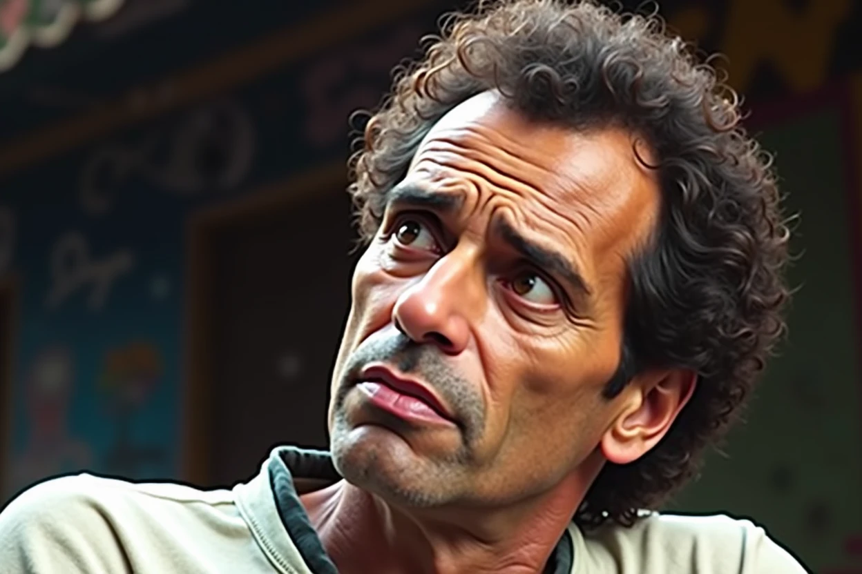 Can you create an image of the argentinian musician Luis Alberto Spinetta confused in a fabela while some black people look at him smiling in the background?