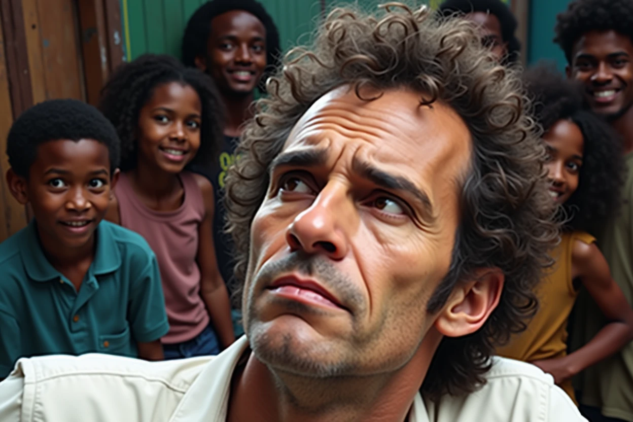 Can you create an image of the argentinian musician Luis Alberto Spinetta confused in a fabela while some black people look at him smiling in the background?