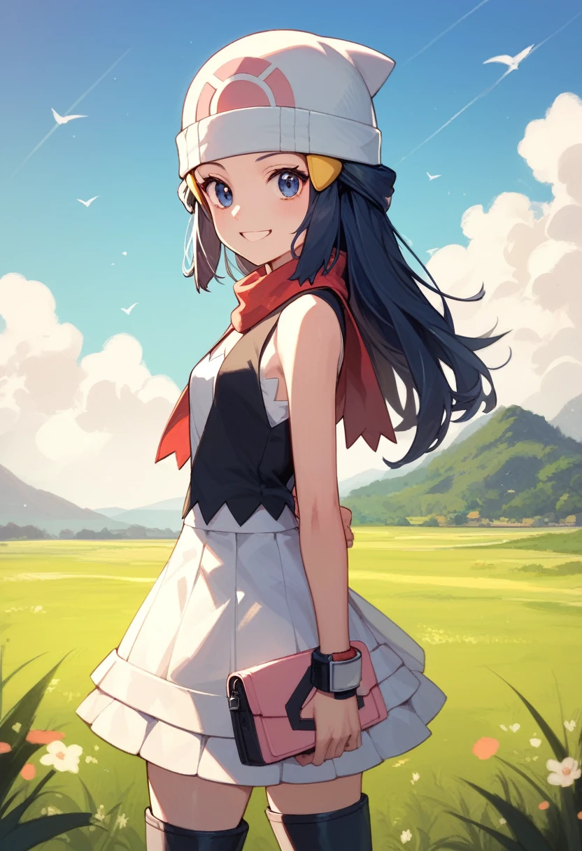 masterpiece, Best Quality, 1 girl, dawn \(Pokémon\), cap, by the wide, For the blue, blue eyes, white sleeveless top, White skirt, black boots, smile, looking at the viewer, field background,sexy,standing