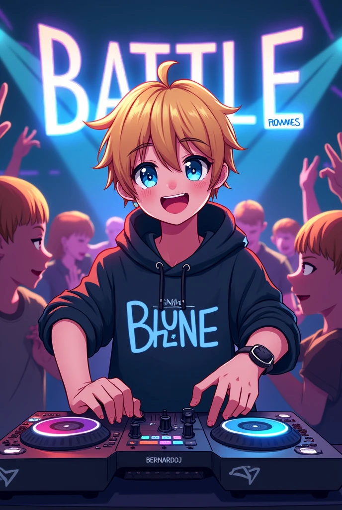 Positive image for a remix song named Not to me, from Bernardo DJ use an Alone style image of the DJ , use a youthful face with some people enjoying and pixelated and in gamer mode with LEDs and a blonde DJ and blue eyes on the controller put the name Battle in English 