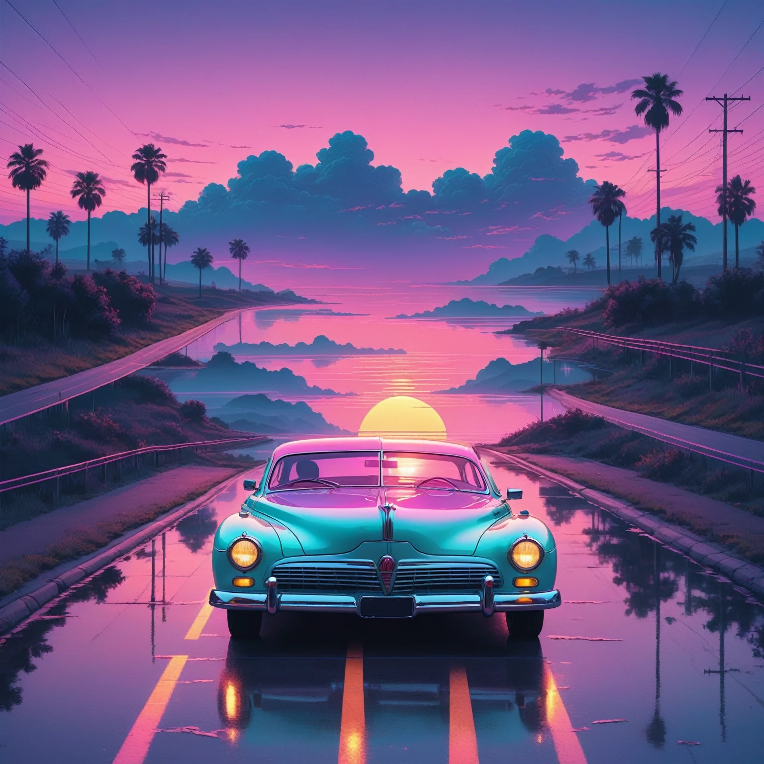 Vaporwave aesthetics, A perfectly symmetrical line grid reflected in the sky, Neon and pastel palette, Nostalgic dreamscape, Sunset in the background, Road parallel to the riverbank, A 1940s car drives down the road, Minimalist art design, Very detailed, 8k resolution, Isoscale