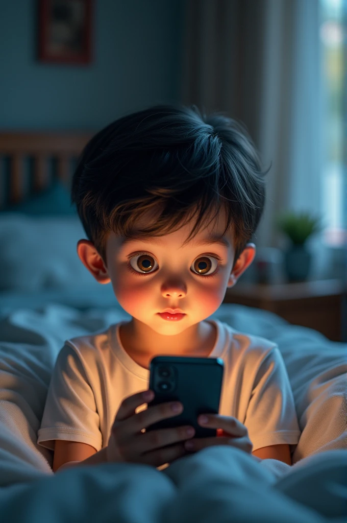 A boy looking at his phone in his bed