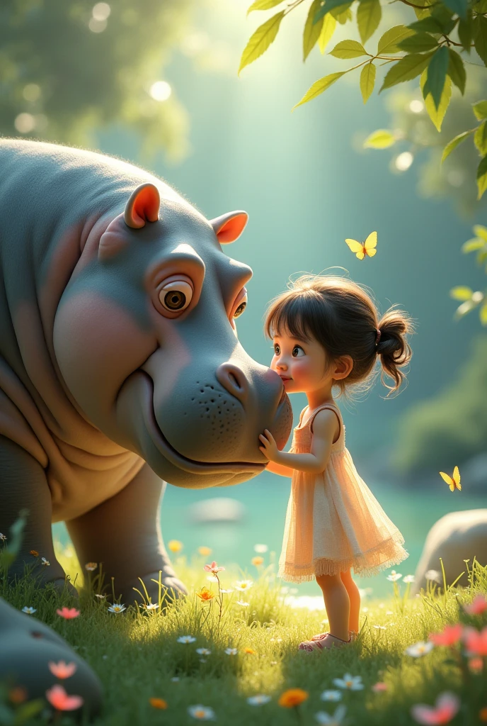 Hippopotamus and lightly dressed girl