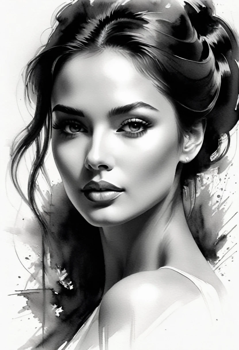 (pencil sketch of a beautiful and elegant woman), majestic face, (black and white silhouette), loose brush strokes, delicate lines, smooth movements, subtle ink tones, elegant gesture, calm expression, exquisite facial features.