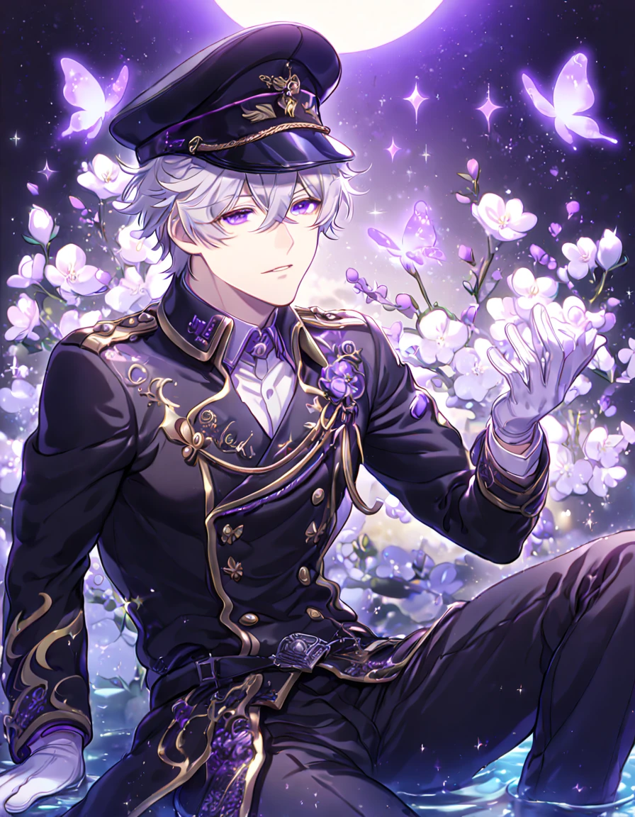 absurdres, highres, ultra detailed, HDR, master piece, best quality, Ayanami, light-gray hair, messy hair, hair between the eyes, expressive violet eyes, 07 Ghost, solo, sexy man sitting, handsome, sensual, manly man, adult face, military uniform, black coat with golden trimmings, white gloves, black military hat, black pants, fantasy, black gloves, magical, shining, purple flowers, blossoms, water, purple petals, purple butterflies, sparkling, purple moon, starry sky