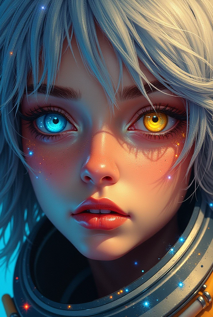 (Close-up of a better masterpiece:1.5)0.9], (Space and astronauts:1.2) (Messy silver hair:1.1) (Heterochromia xanthochromia and blue eyes:1.2) (Space Helmet:1.0) (Colored stars in the eyes:1.0) (A radiant glow:1.1) (thick lips:0.9)