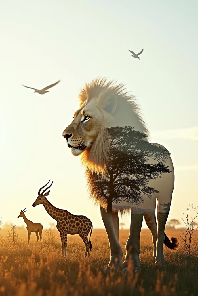 ((Double Exposure)) ((Photography)) of the ((Lions, antelopes, giraffes)) and ((grass and trees)) and ((birds flying in the sky)) blending together in the word ((WILDLIFE)), artfully captured with a ((70mm lens)) on a ((clear sunny day)), intricate details and ((hyperrealistic)) patterns that draw the eye, providing a unique and creative way to showcase this breathtaking scene. ((Unreal Engine 5)) ((Rendered))
