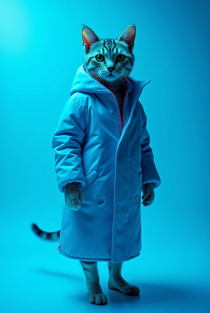 The best cell phone wallpaper, Award-Winning Wallpaper, portrait photography, In the front view is a portrait of a cute cat wearing mid-1960s space age fashion, Side view photo, Shot with Canon EOS R5, Set a strong contrast that accentuates the subject, Fluorescent blue tone, Wearing a very modern coat and a modern 1960s style, Clothes all in one color, beautiful background