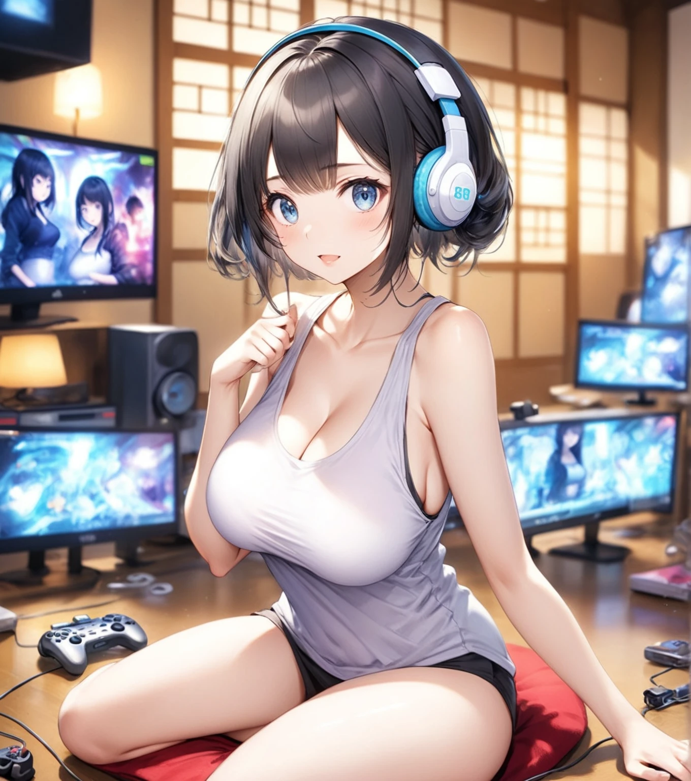 (Highest quality,8k,32K,masterpiece,Ultra-high resolution :1.2 ),born,One girl,Super cute,Natural light,Clear, shining eyes,20-year-old,Fair skin,A fantasy background of a Japanese Shibuya-esque electronic world,Black Hair,Tank top,Large Breasts,Walking,I&#39;m stretching,one&#39;s home,