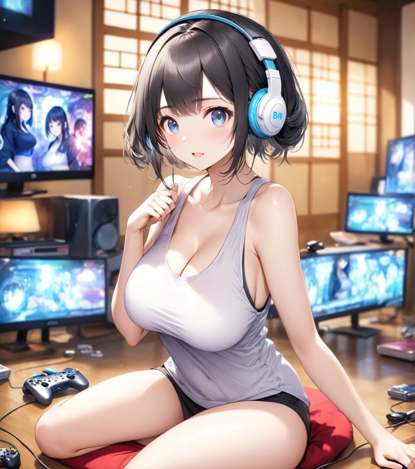 (Highest quality,8k,32K,masterpiece,Ultra-high resolution :1.2 ),born,One girl,Super cute,Natural light,Clear, shining eyes,20-year-old,Fair skin,A fantasy background of a Japanese Shibuya-esque electronic world,Black Hair,Tank top,Large Breasts,Walking,I&#39;m stretching,one&#39;s home,