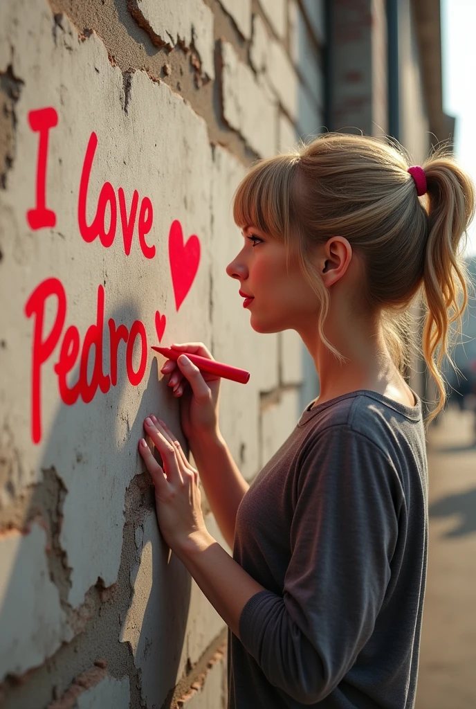 Taylor Swift escrevendo na parede I love Pedro ❤️