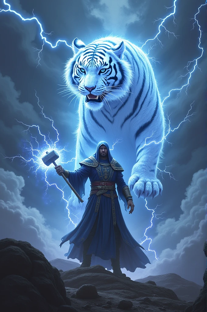 Lightning mage wielding a mace controlling lighting storm and with lightning tiger