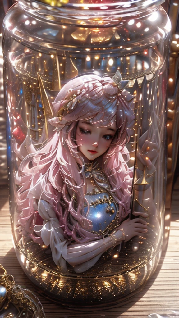 a glass jar with a girl inside of it, beautiful render of a fairytale, golden miniatures, fantasy cityscape, enchanted dreams, beautiful art
