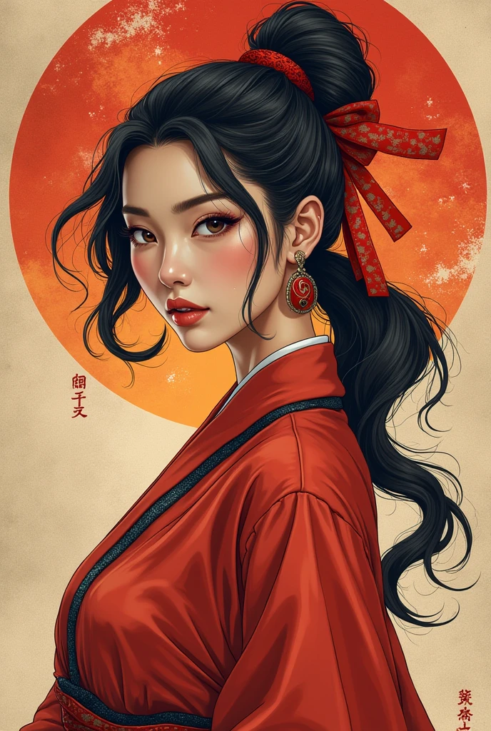  A confident and bold Japanese woman with a vibrant and energetic aura, wearing a stylish red accessory that highlights her strong personality. Aries zodiac symbol subtly in the background, with a dynamic, adventurous setting.

