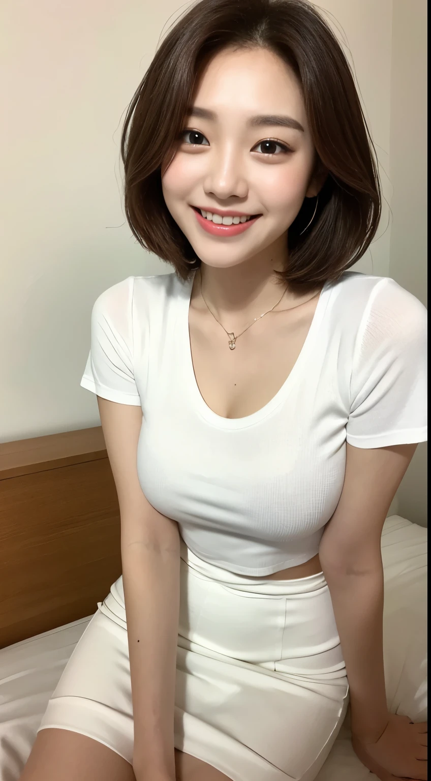 White tight shirt、White Mini Skirt、bed、smile、Short sleeve、high resolution、Korean idol face、double eyelid、White teeth、short hair