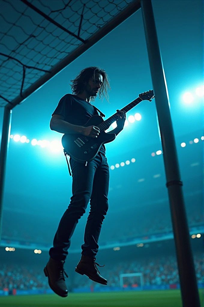 Create me an animated photo, Centenario stadium in Uruguay, one of the singers from Pearl Jam hanging from one of the football goals , The football goal has to be super high, and the colors of the image black and light blue The man hanging with a guitar