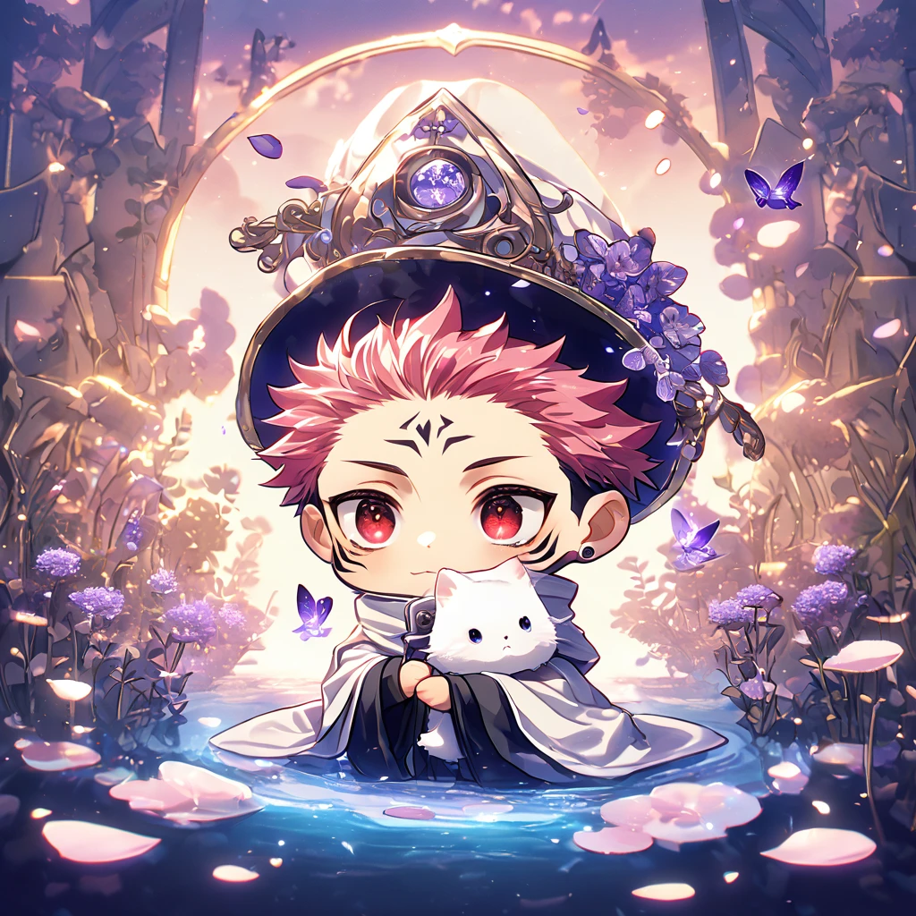 Ultra detailed, HDR, Highres, absurdres, master piece, Ryoumen Sukuna chibi, pink hair, expressive red eyes, white magic hat, white cape, Jujutsu Kaisen, cute, adorable, holding a white fluffy cat, purple flowers, petals, fantasy, magical, purple leaves, best quality, glittering, water, purple shining fireflies, solo, small purple butterflies,