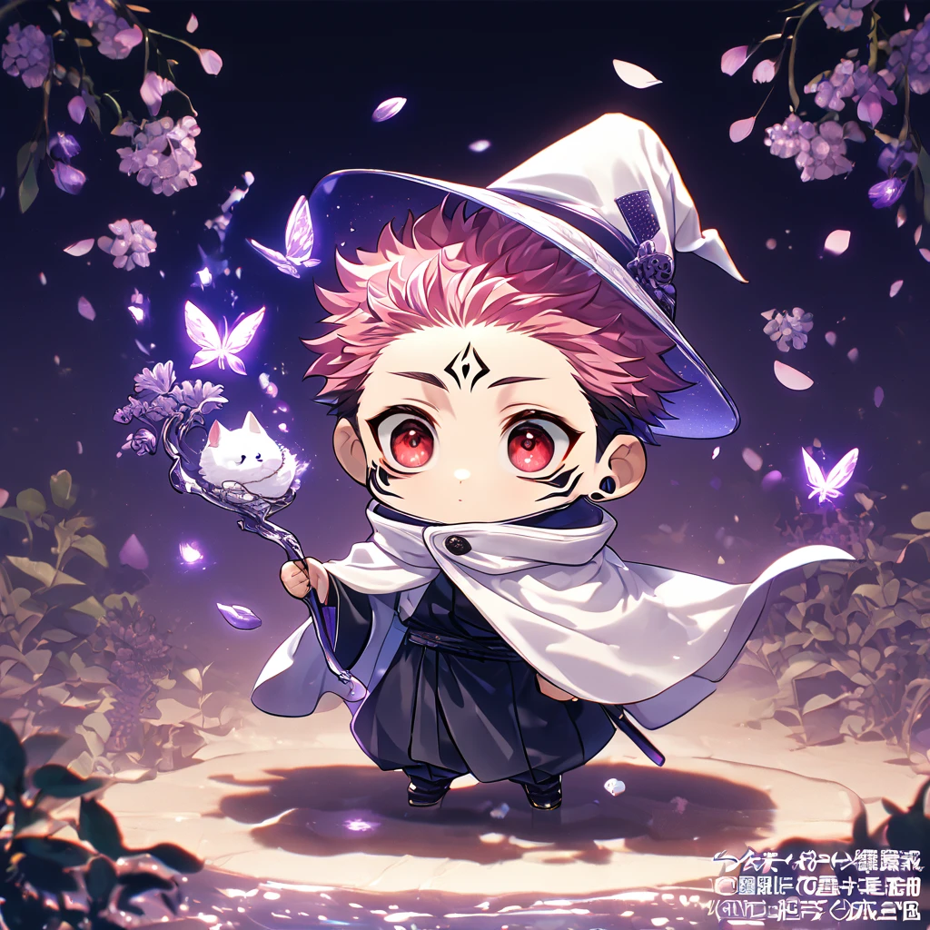 Ultra detailed, HDR, Highres, absurdres, master piece, Ryoumen Sukuna chibi, pink hair, expressive red eyes, white magic hat, white cape, Jujutsu Kaisen, cute, adorable, holding a white fluffy cat, purple flowers, petals, fantasy, magical, purple leaves, best quality, glittering, water, purple shining fireflies, solo, small purple butterflies,