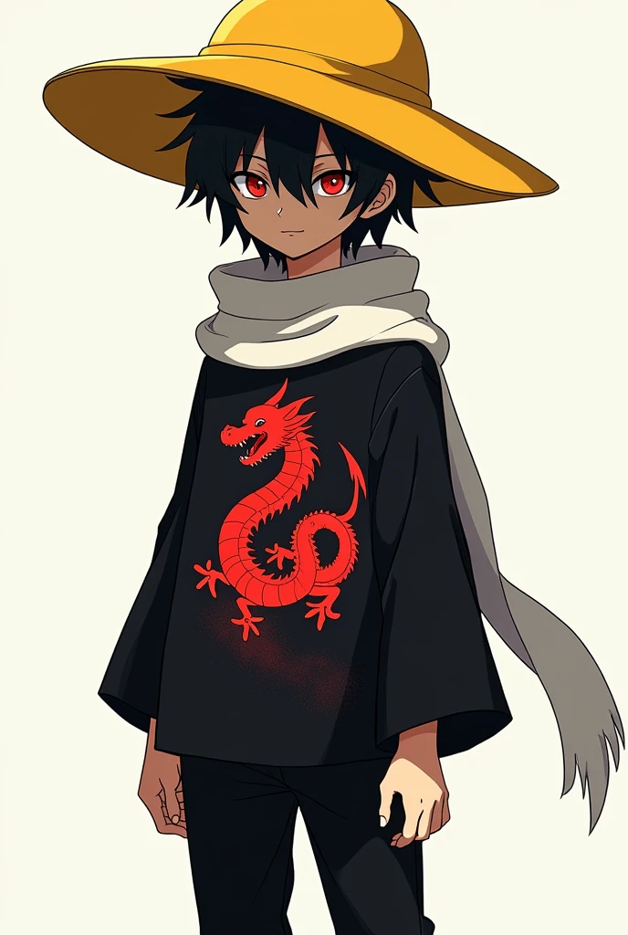 create an image of a faceless boy wearing a yellow hat ,black a shirt , with a red image of a dragon, black pants and a white katakuri scarf